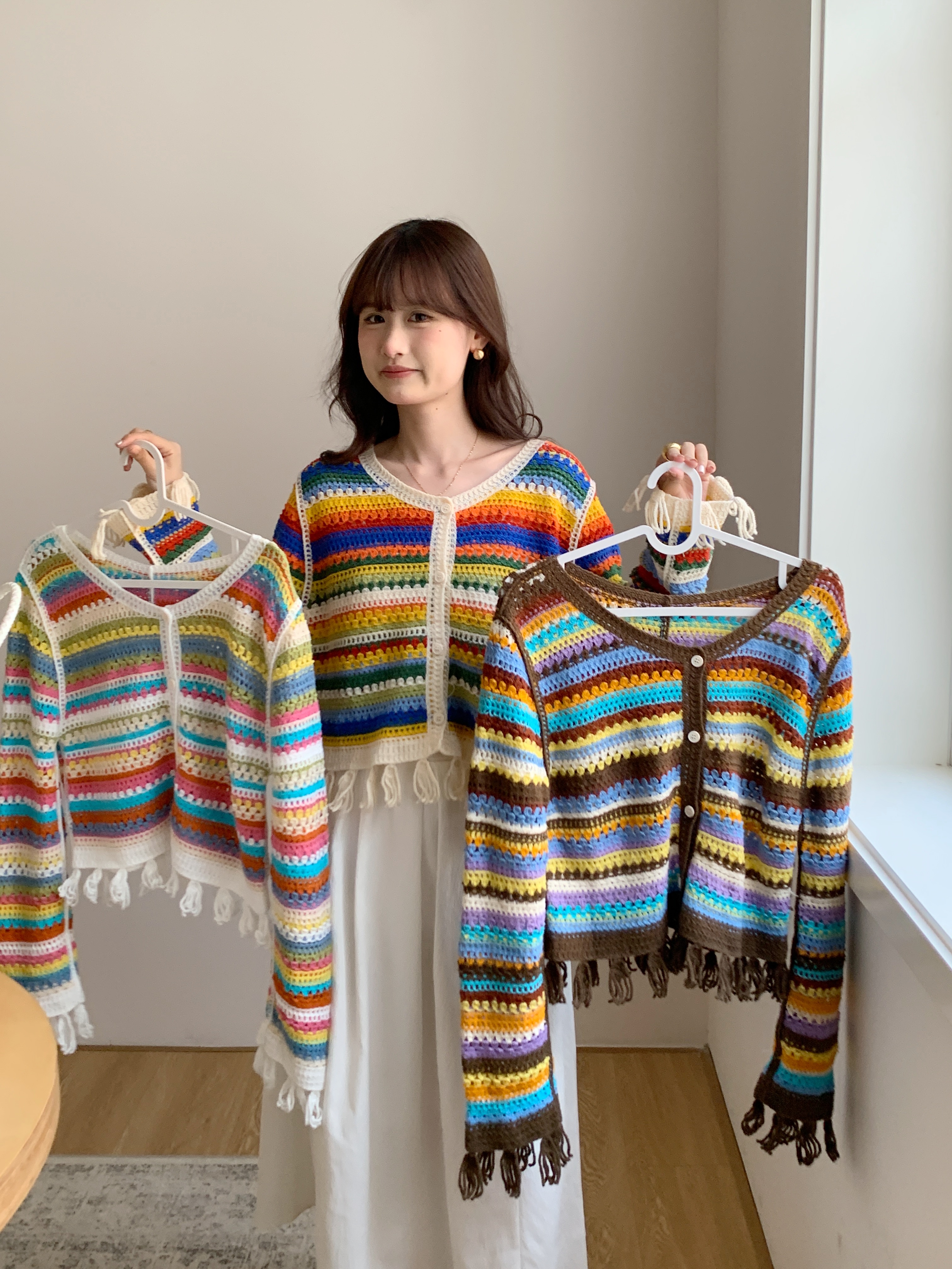 復古彩虹色條紋方領針織開衫女早秋新款韓版甜美減齡短款上衣