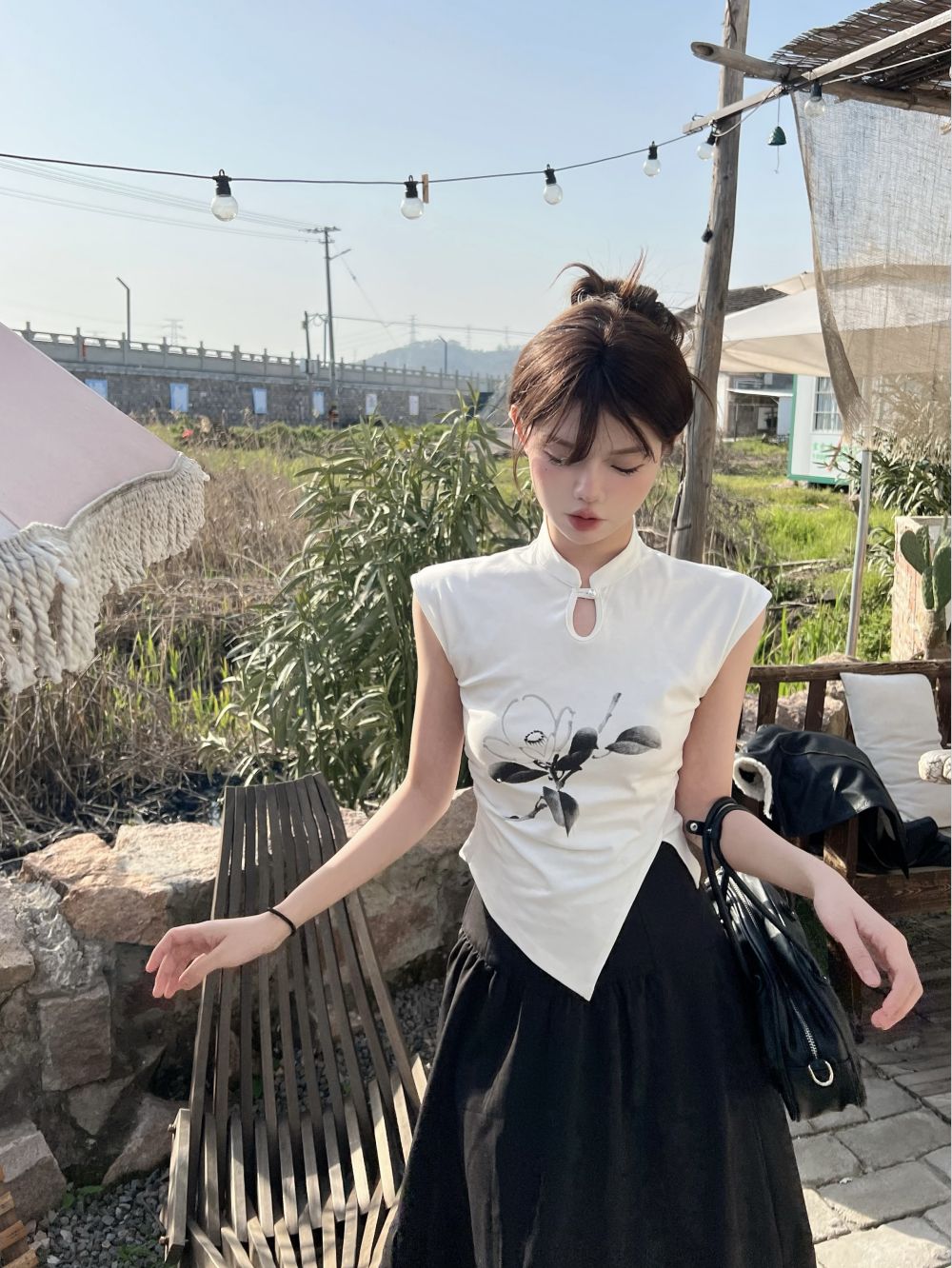 實拍三標齊復古立領和服印花T+寬鬆高腰A字半身裙兩件套