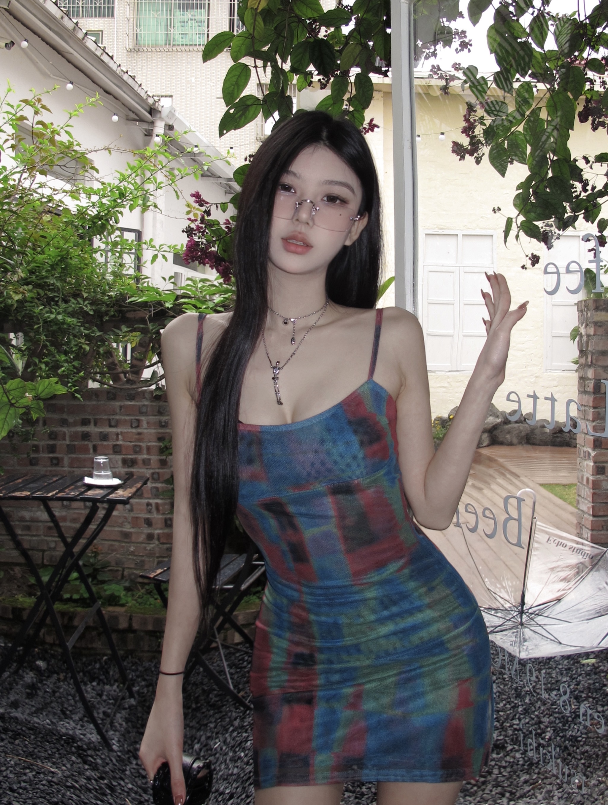 實拍辣妹格子性感包臀短裙女雙層網紗印花修身吊帶連衣裙女