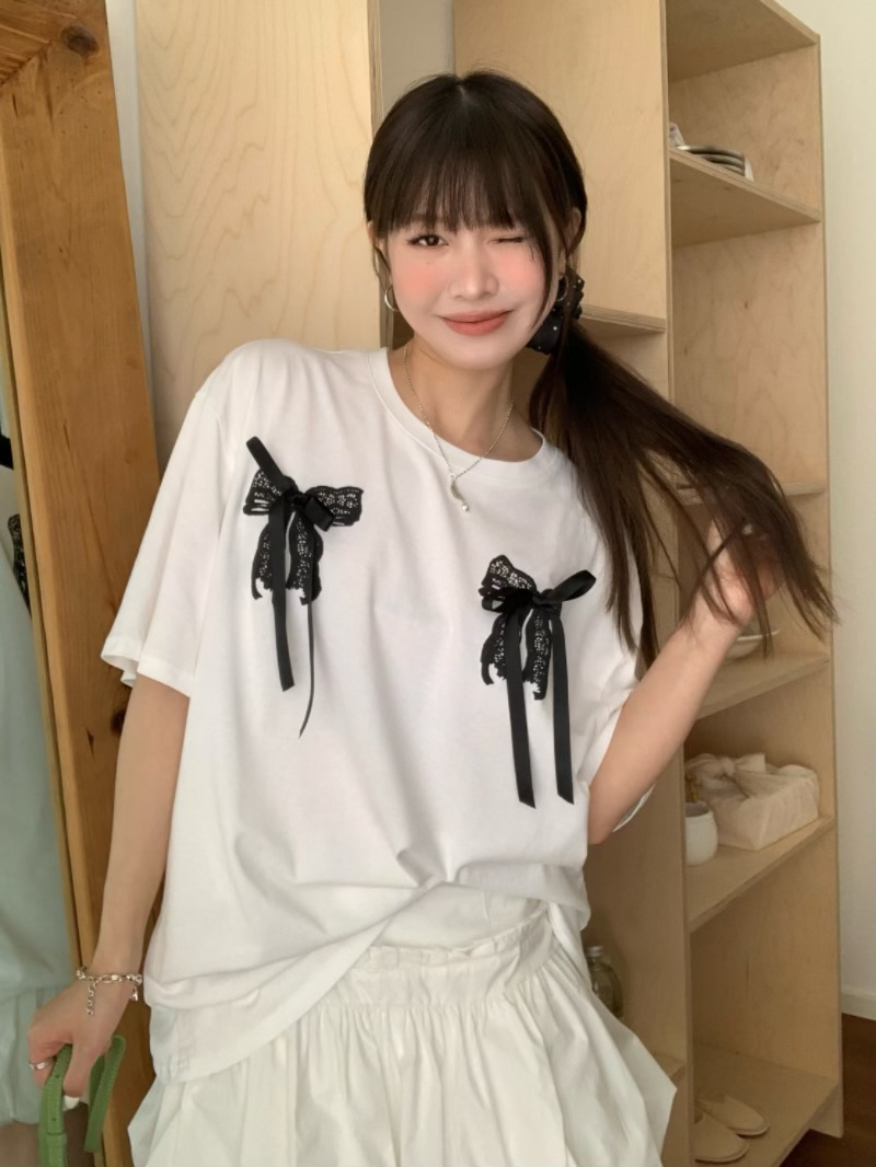 實拍蝴蝶結寬鬆大版型後背印花T