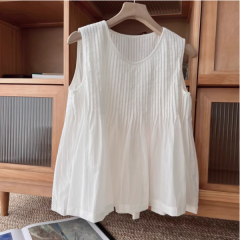 White Piped Cotton Linen Sleeveless Backless Top for Women, Summer Design, Soft and Youthful, Loose and Slimming Babydoll Shirt