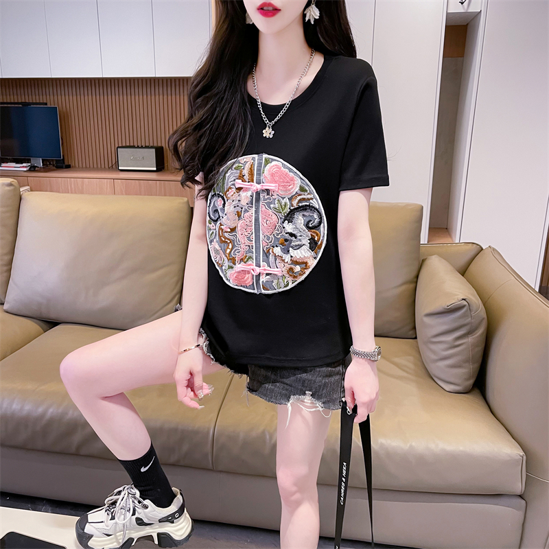 實拍 2024夏季新款韓版寬鬆圓領新中式國風刺繡大碼短袖T恤女