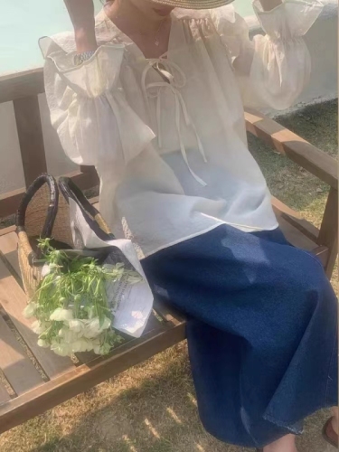 韩版法式浪漫气质荷叶边抽绳系带长袖衬衫 2色