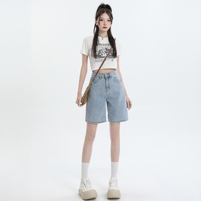 實拍~2024年夏季韓版牛仔短褲女五分褲直筒寬鬆高腰顯瘦百搭中褲