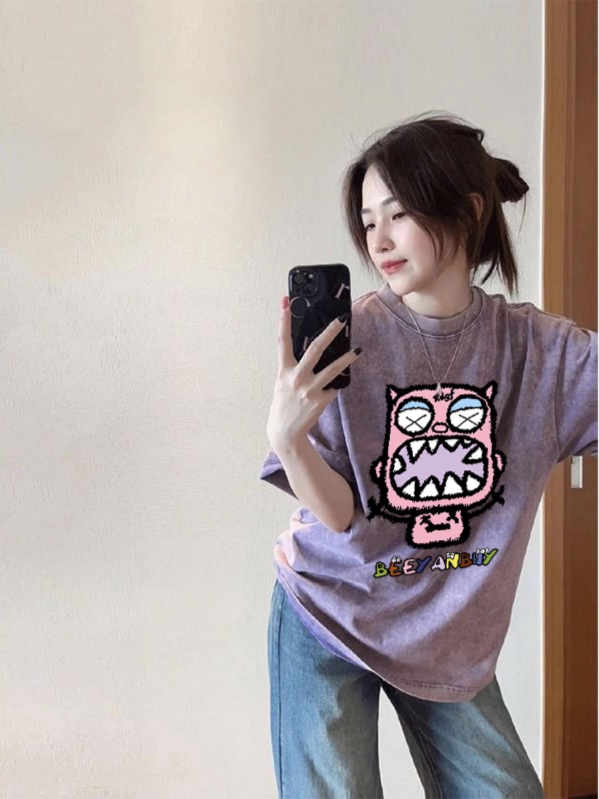 230克純棉包領 春夏季美式復古寬鬆大碼上衣印花水洗做舊短袖T恤