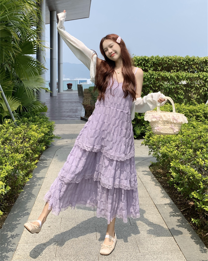 2024夏季新款白色小個子法式無袖吊帶連衣裙子女別致顯瘦蛋糕長裙