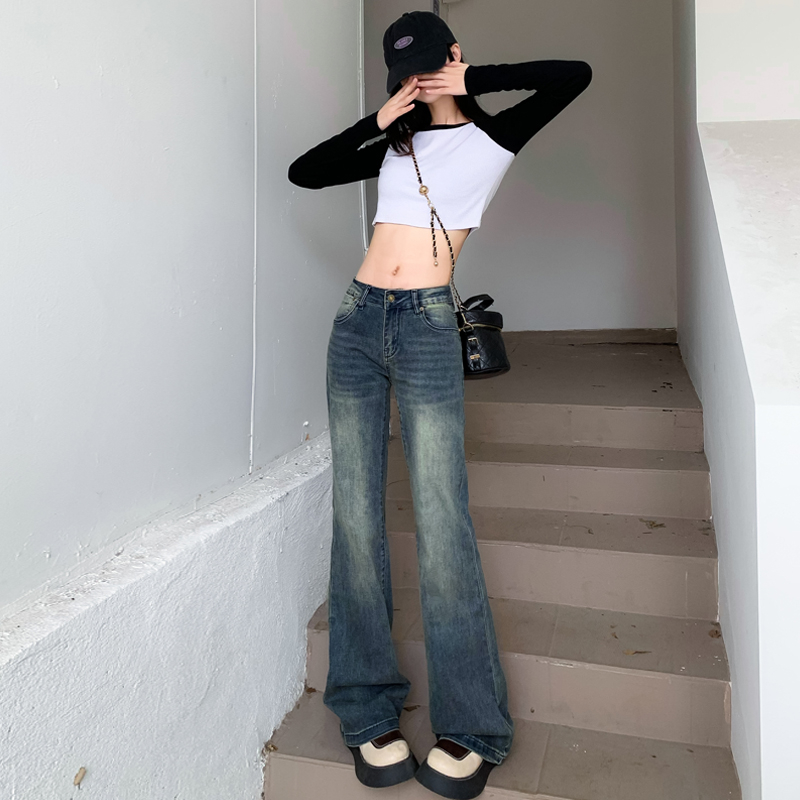 實拍 辣妹低腰彈力水洗做舊喇叭時尚百搭拖地褲褲牛仔褲女長褲加