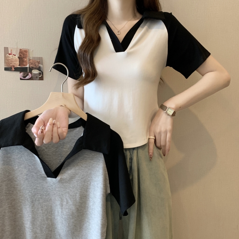 實拍 40支純棉 2024夏裝polo領短袖T恤女設計感小眾