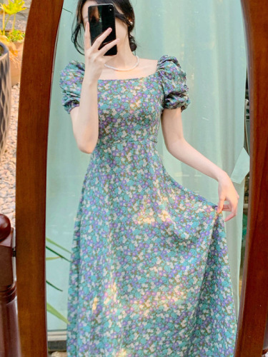 Tea-like Hepburn style French fairy style super fairy retro green floral square collar dress women's summer long dress