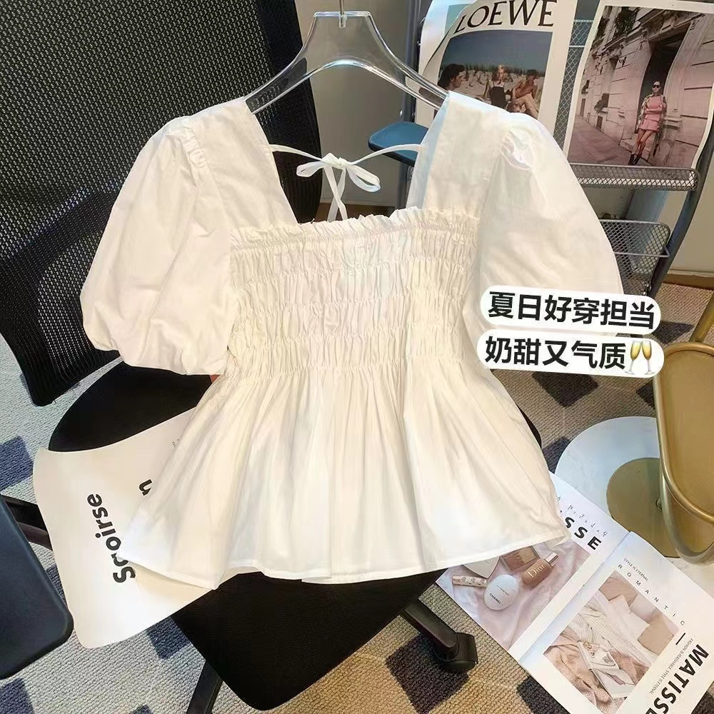 法式褶皺方領泡泡短袖襯衫女夏季漂亮洋氣小衫收腰遮肚子百搭上衣