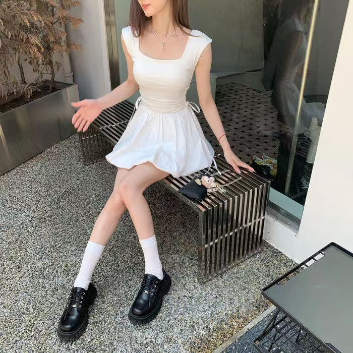 原版做法 凡間精靈 方領綁帶花苞芭蕾裙女夏收腰抽繩短款連衣裙