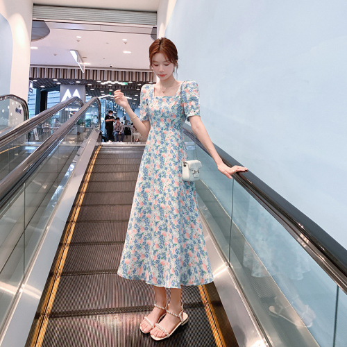 Fashionable fresh chiffon short-sleeved mid-length dress summer new Korean style puff sleeves floral square collar slimming