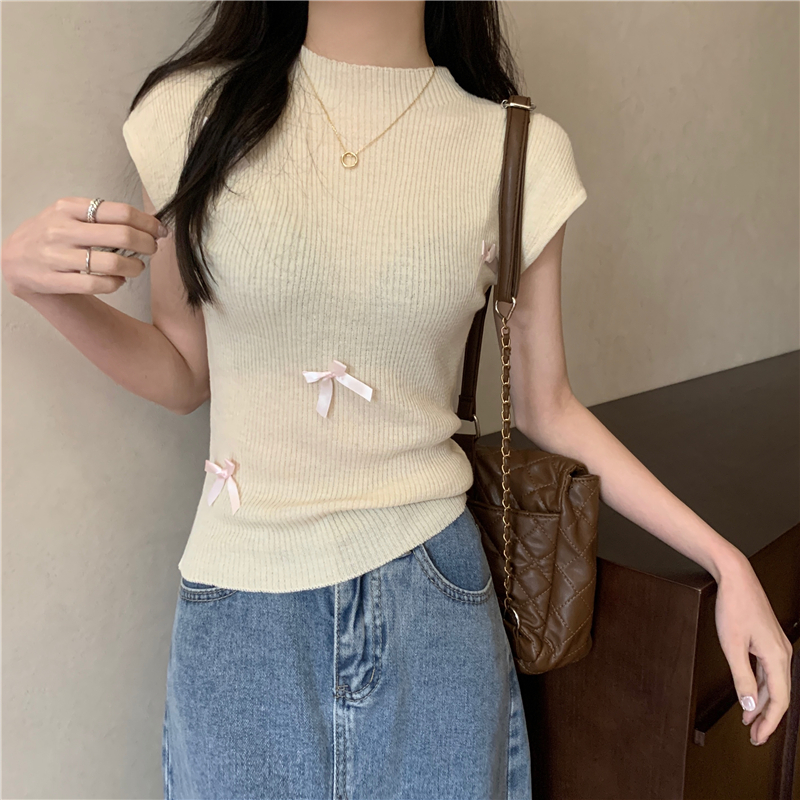 實拍 夏季新款修身無袖蝴蝶結針織衫女上衣