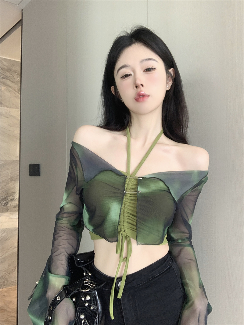 純欲辣妹風掛脖褶皺綁帶純色吊帶花色網紗開衫兩件套實拍