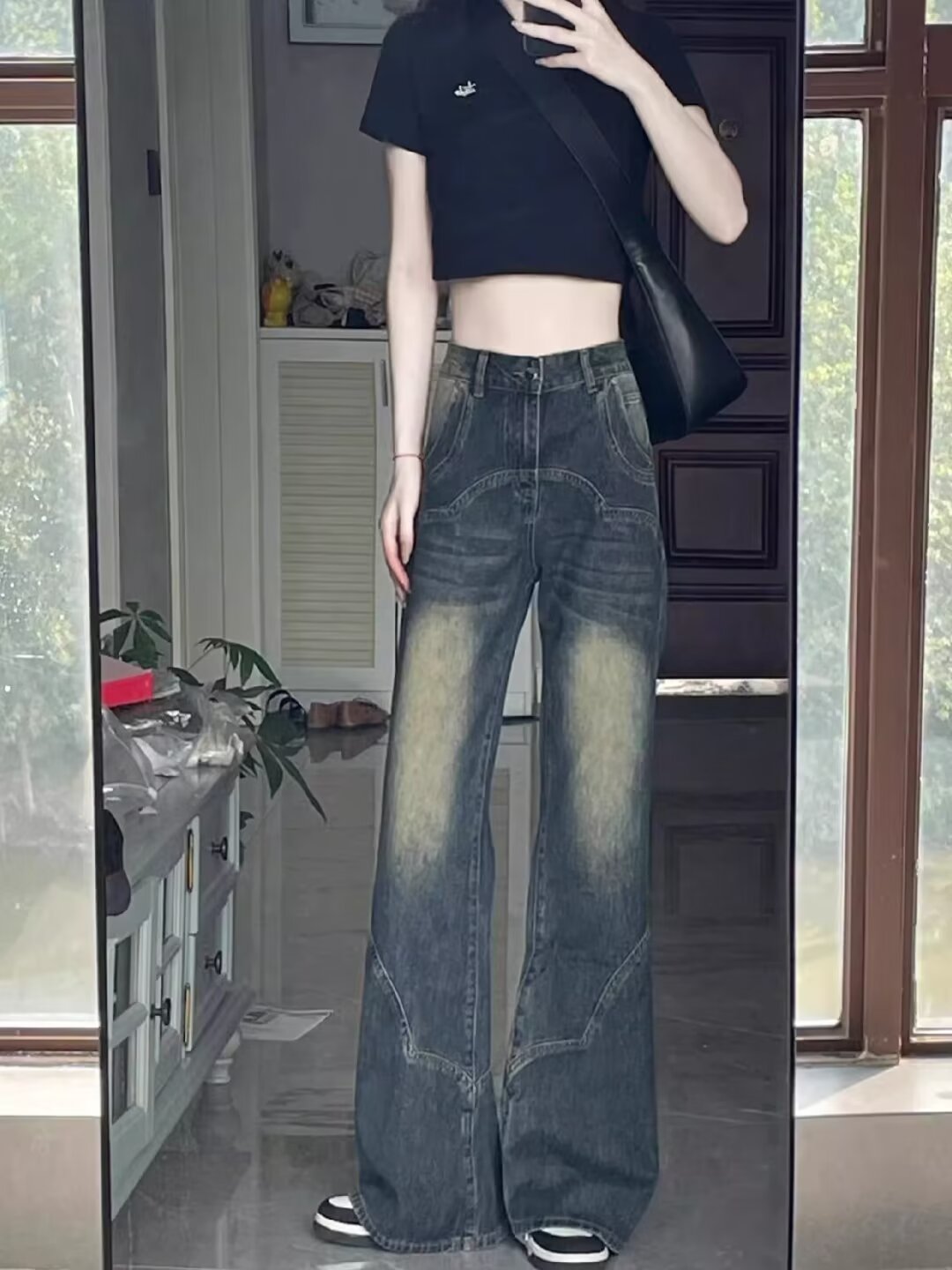 美式水洗設計感直筒牛仔褲女春夏復古垂感寬鬆高腰顯瘦闊腿褲長褲