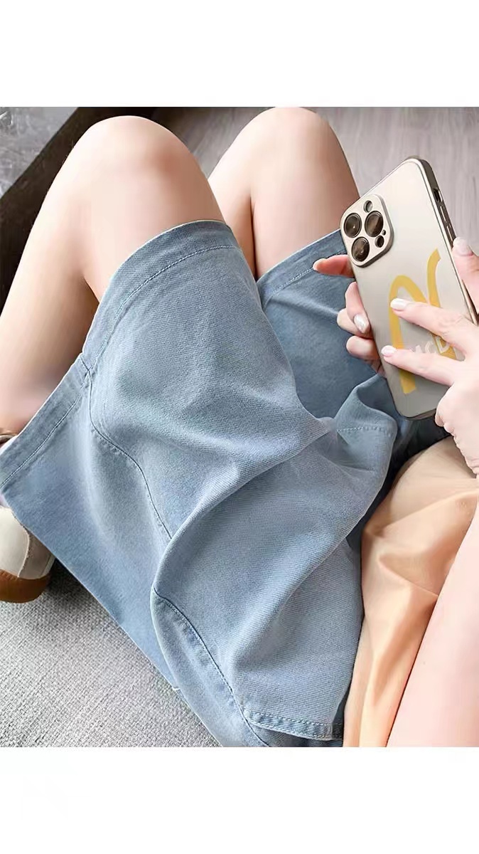 280克仿牛仔 牛仔短褲女夏高腰直筒寬鬆a字鬆緊腰闊腿五分褲