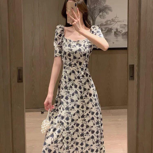 Rose floral dress 2024 spring and summer new Korean style small French tea break waist slimming one-line collar