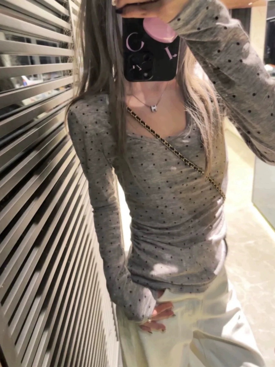 波點薄款正肩T恤女2024春季新款甜辣修身顯瘦U領長袖內搭打底衫