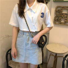 夏季復古POLO領短袖T恤女學生韓版顯瘦百搭露臍短款上衣