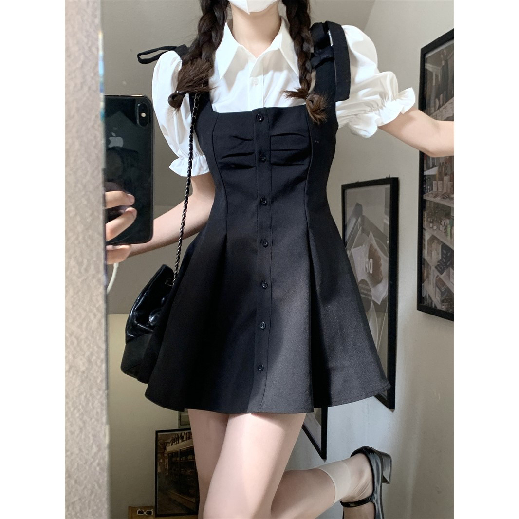 黑色系帶蝴蝶結背帶連衣裙夏季2024新款chic甜美高腰套裝裙子女潮