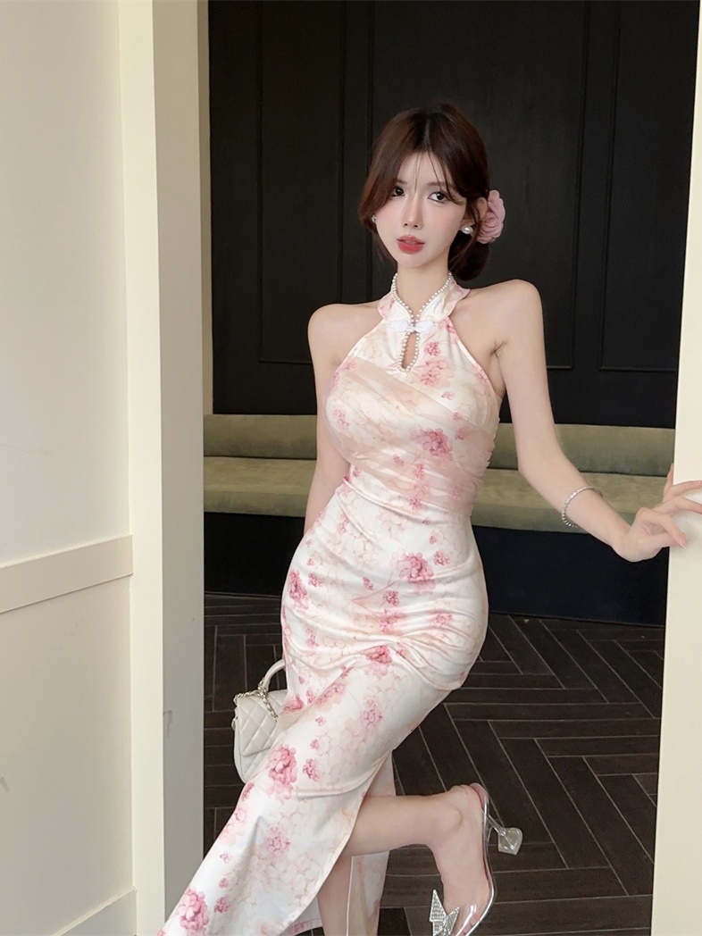 實拍新中式改良少女掛脖開叉拼接網紗印花旗袍連衣裙