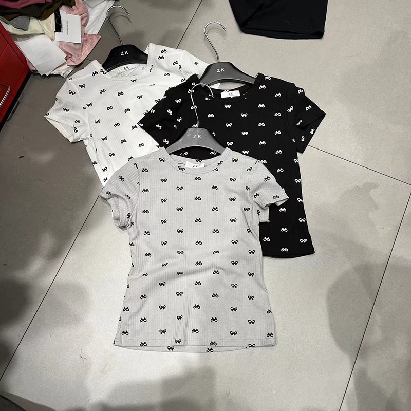 ZK 2024夏季新款蝴蝶結印花短袖正肩T恤女設計感別致減齡顯瘦上衣