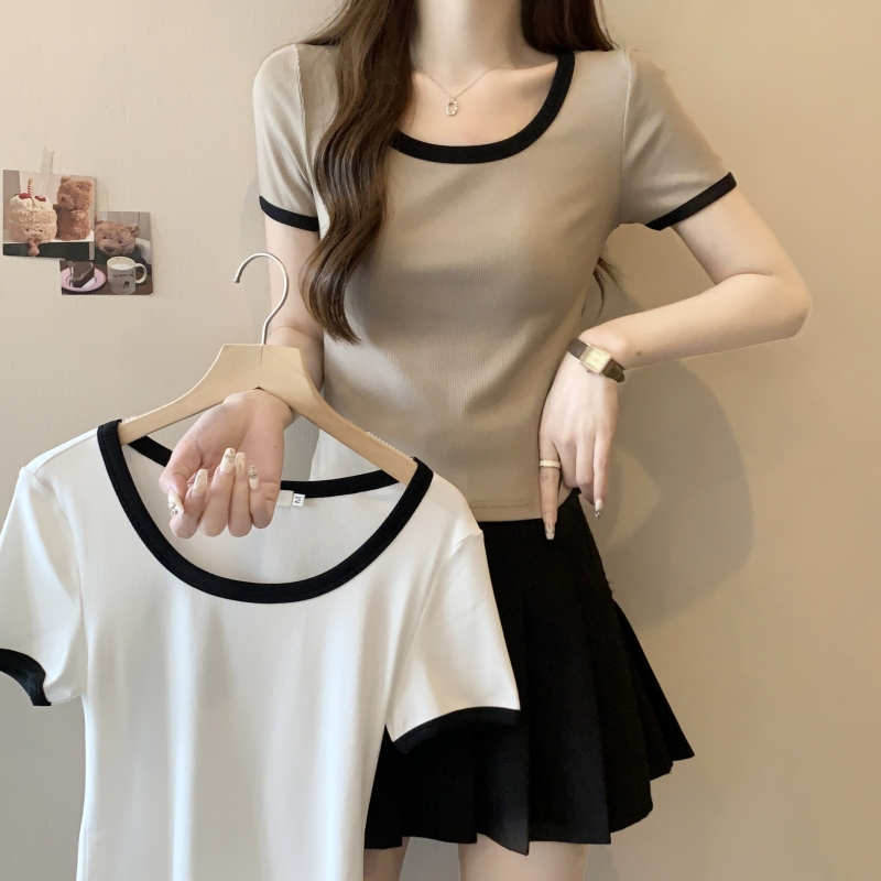 實拍  夏裝撞色短袖T恤女短款修身上衣