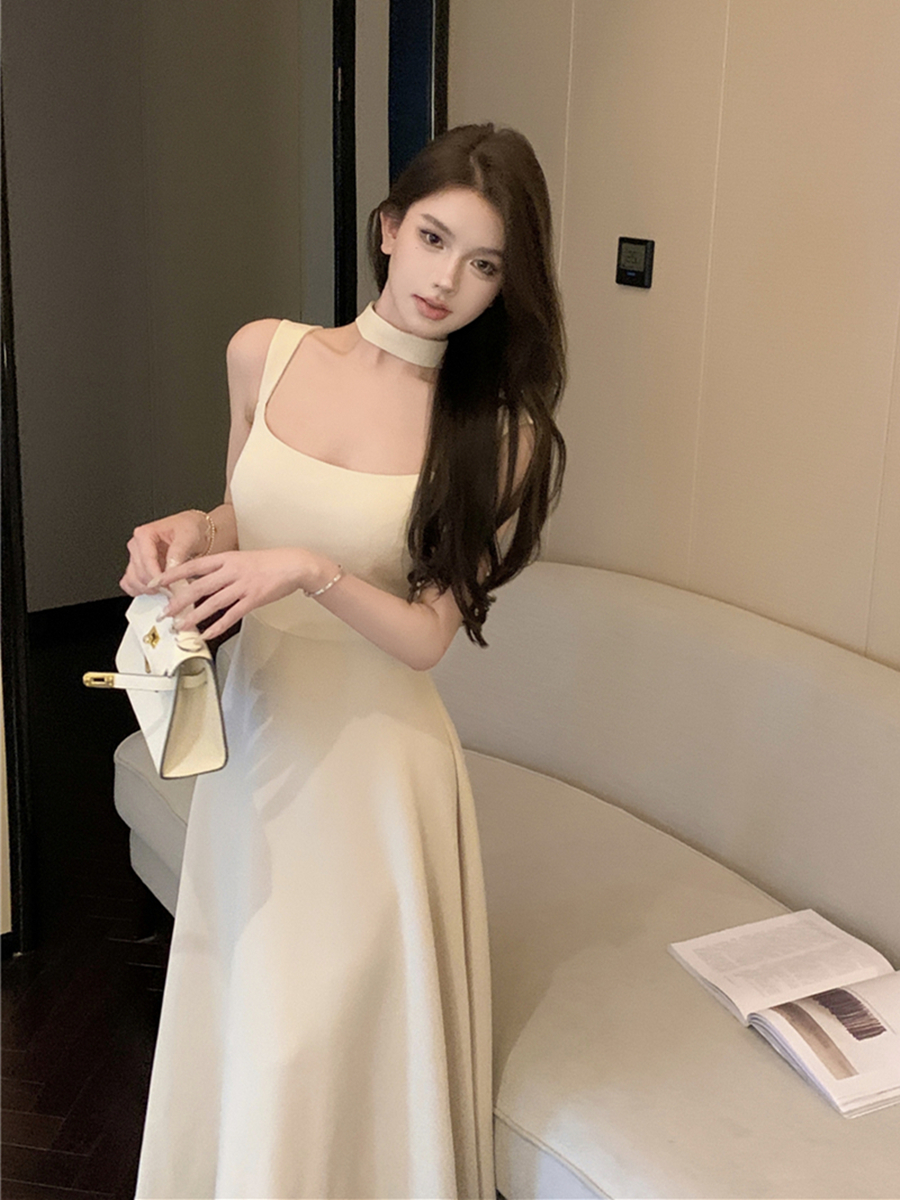 實拍復古性感連衣裙收腰顯瘦背心長裙帶圍脖+長袖兩穿開衫外套女