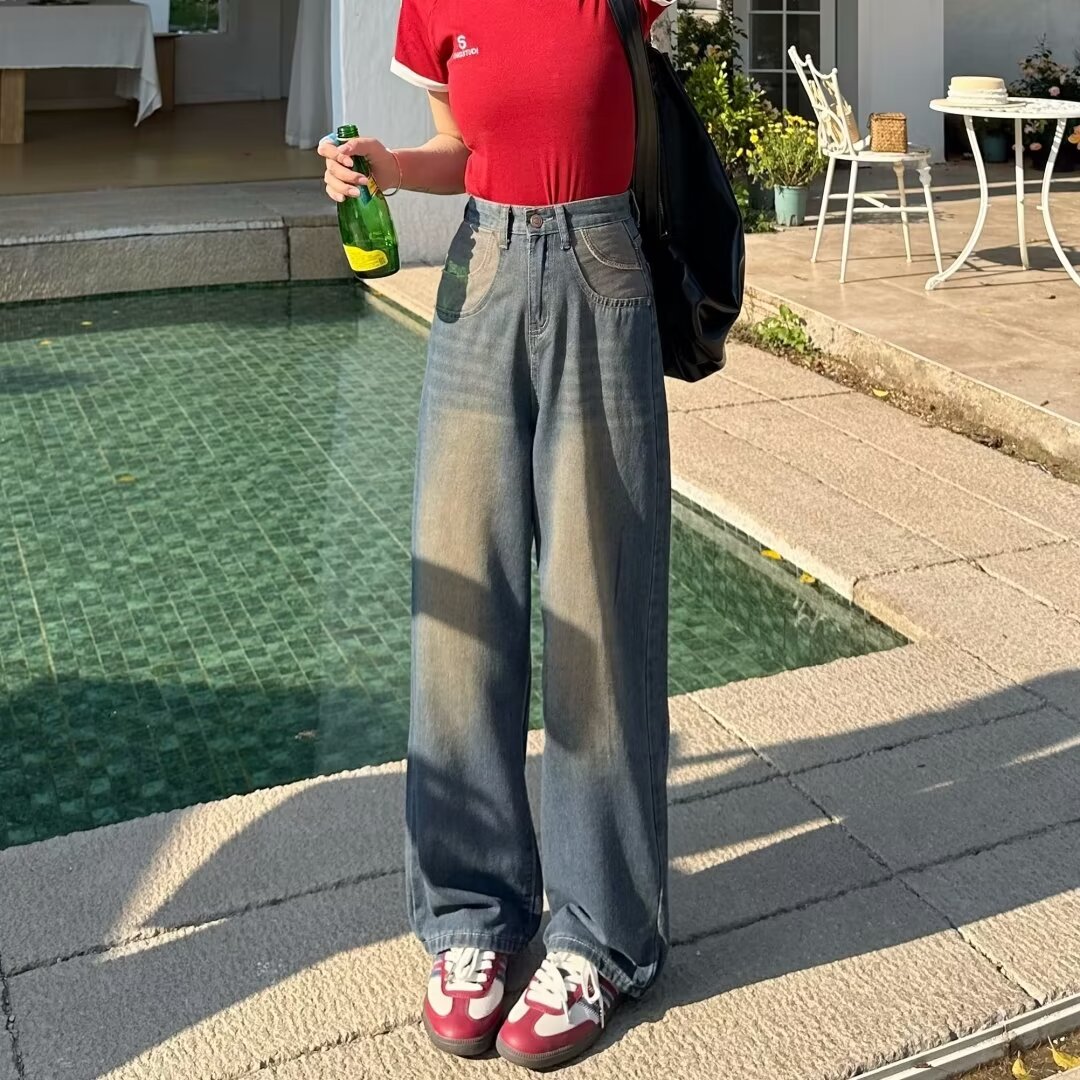 美式復古辣妹闊腿牛仔褲女春夏款遮肉顯瘦設計感梨型身材穿搭拖地