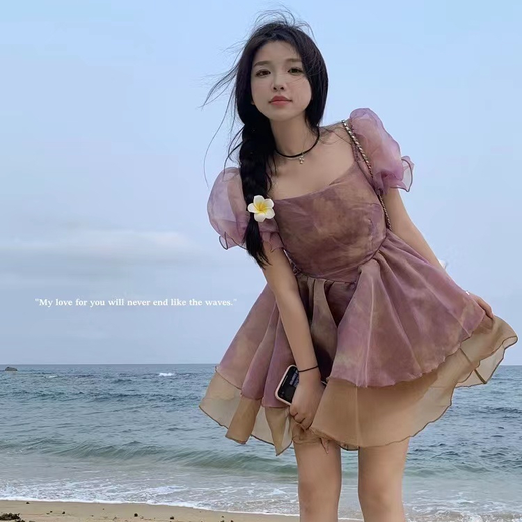 海邊度假風連衣裙2024夏季新款扎染驚艷絕美高腰蓬蓬短裙子