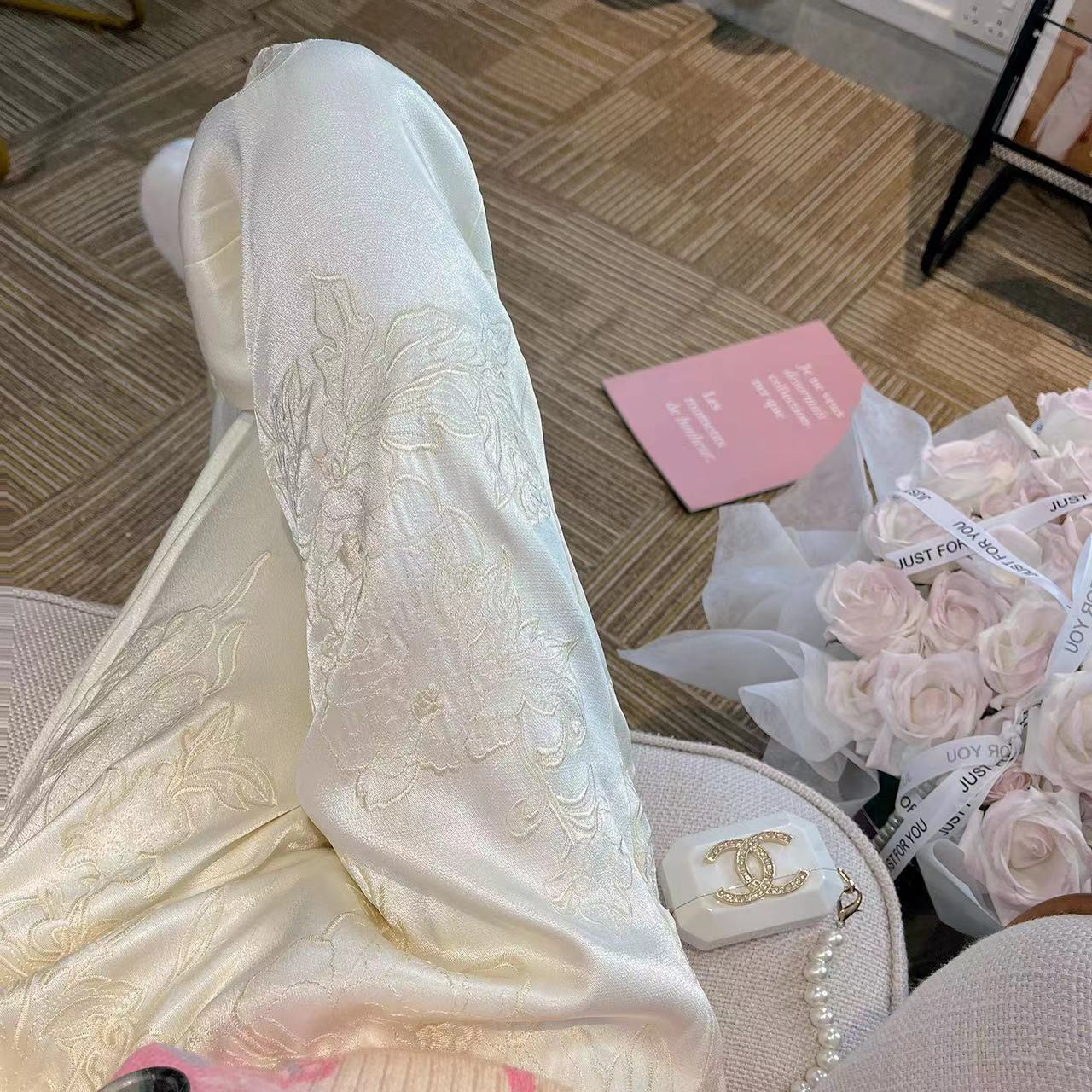緞面刺繡復古中國風高腰休閒褲子女白色夏季高腰寬鬆直筒闊腿長褲