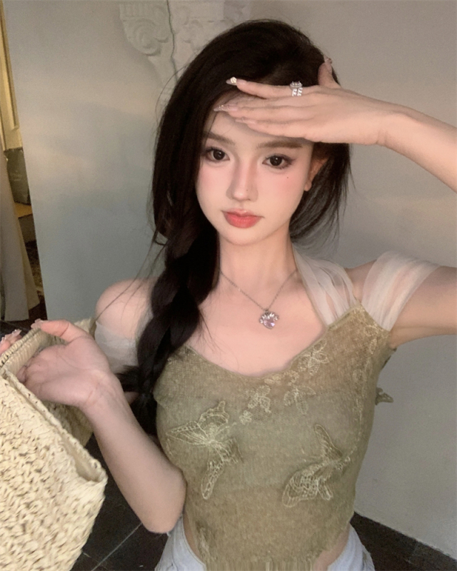 實拍 性感蝴蝶掛脖上衣小心機修身短款吊帶上衣