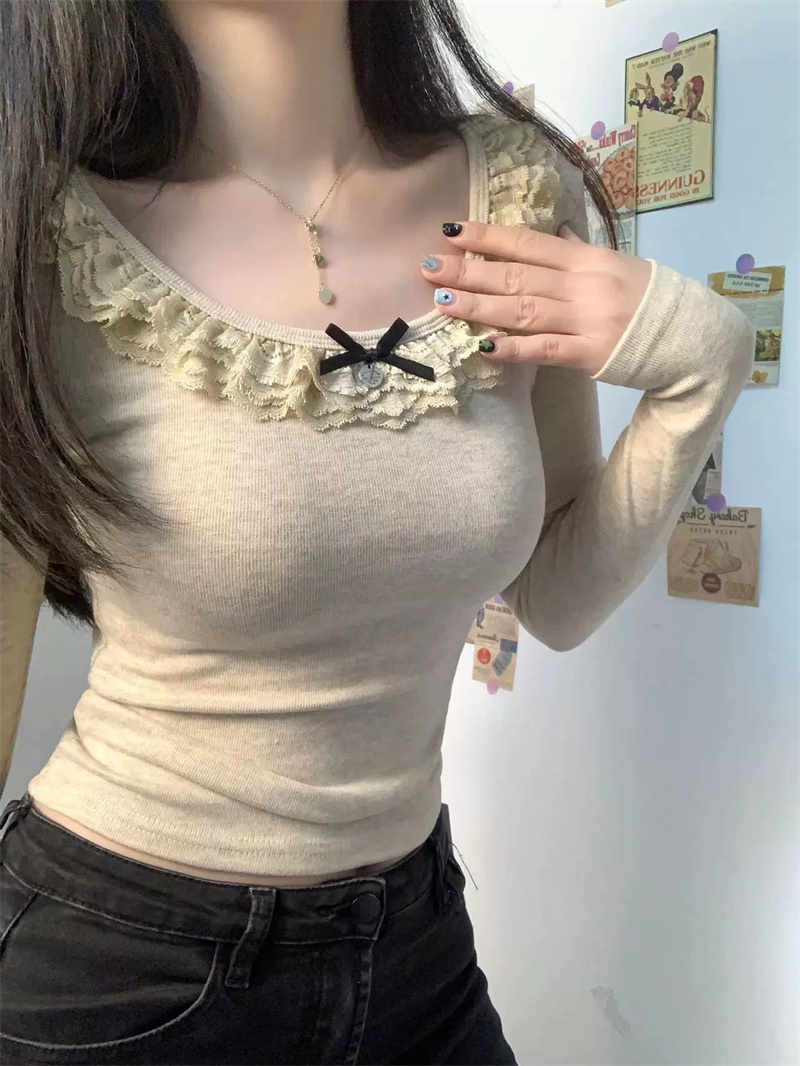 蕾絲花邊法式芭蕾風打底小衫t恤女U領蝴蝶結長袖內搭春季短款上衣