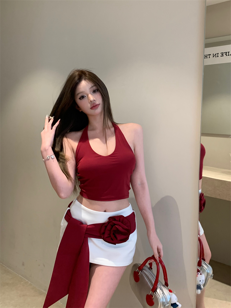 實拍 辣妹掛脖吊帶可拆卸花朵腰帶半身裙夏季A字裙