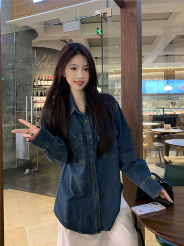 Actual shot ~ New style layered design niche retro Hong Kong style loose long-sleeved denim shirt for women