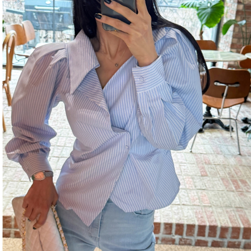 chic御姐不規則條紋襯衣氣質翻領露鎖骨條紋設計寬鬆休閒百搭