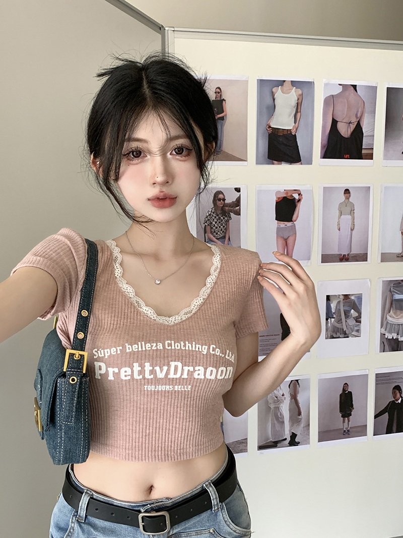 實拍  純欲蕾絲字母短袖T恤女夏季修身露背綁帶短款上衣