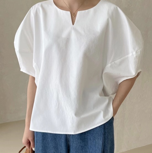 韩国chic 简约纯色V字圆领宽松衬衫