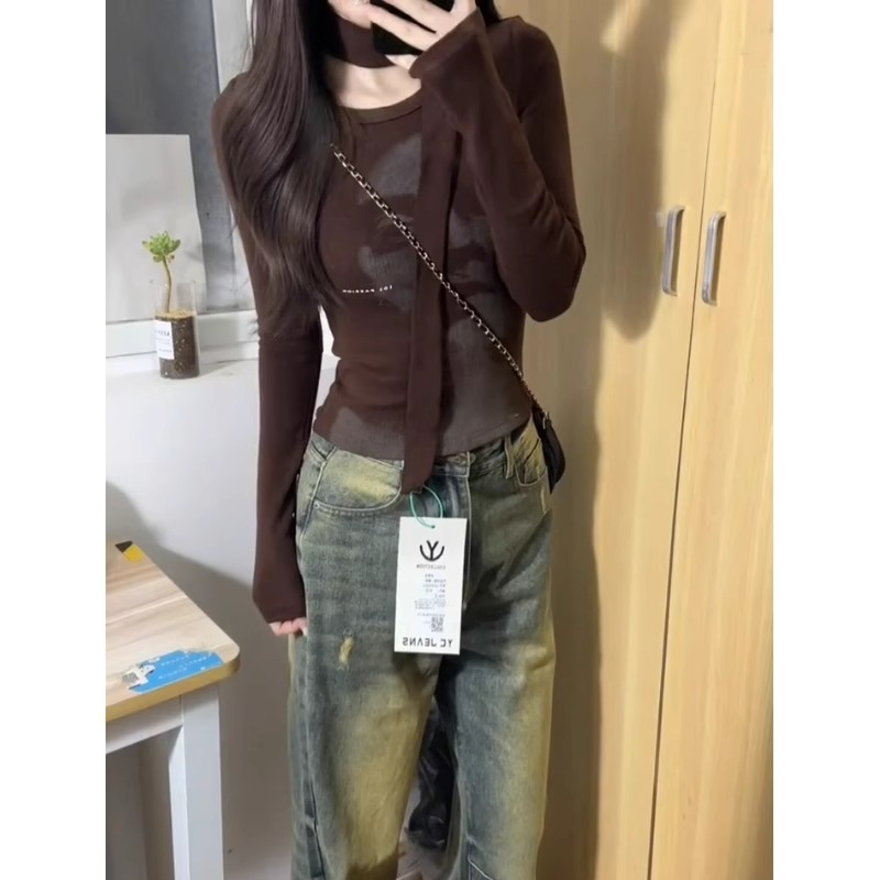 美式辣妹咖色長袖t恤女秋冬高級感內搭打底衫修身顯瘦設計感上衣
