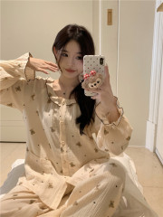 實拍韓版軟棉雙紗卡通熊仔可愛娃娃領寬鬆休閒家居服套裝睡裙