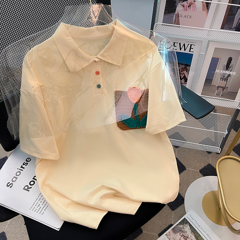 實拍 短袖t恤女夏潮韓版刺繡花翻領上衣大碼女裝