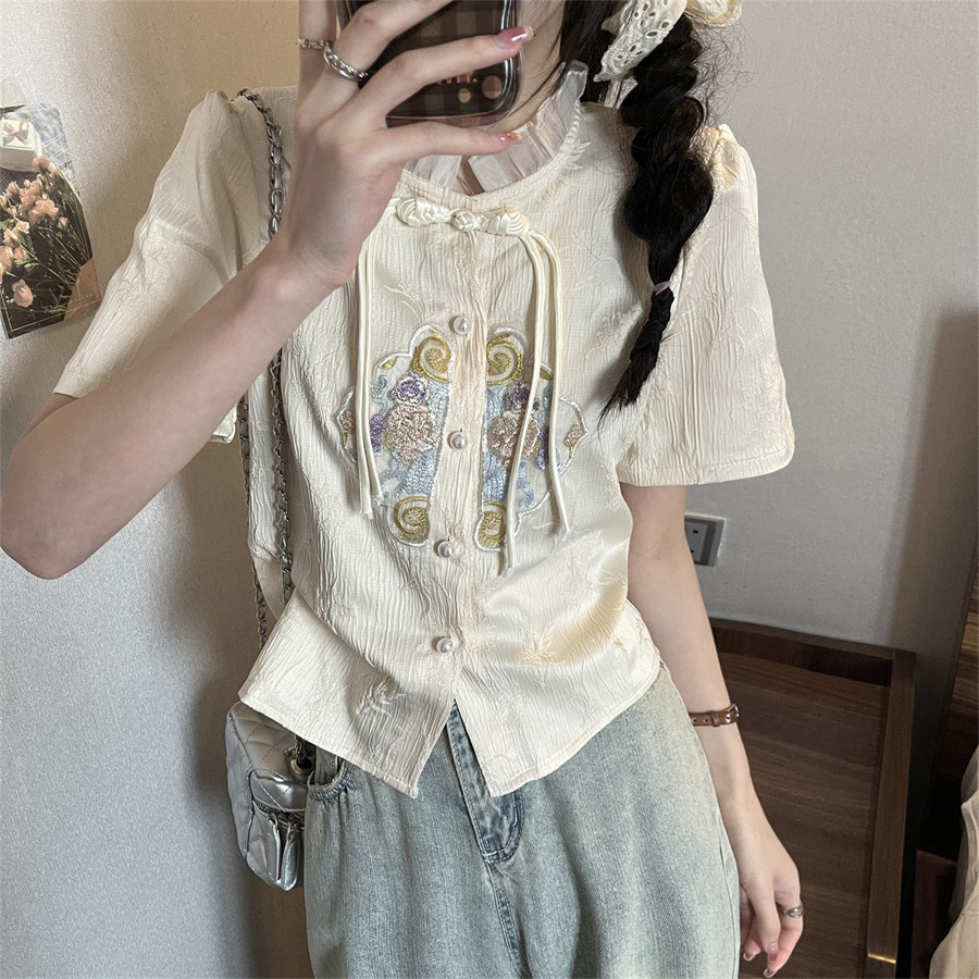 實拍新中式刺繡短款襯衫女夏提花盤扣襯衣氣質短袖上衣