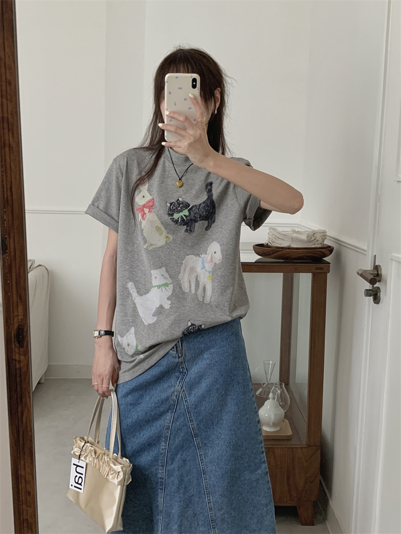 實拍 春夏半高領顯瘦百搭動物園印花短袖T恤女小高領上衣