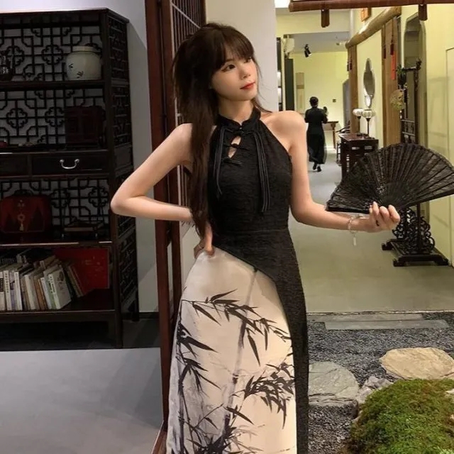 畫解WAHJUIS水墨煙城新中式改良旗袍連衣裙女國風設計感長裙子