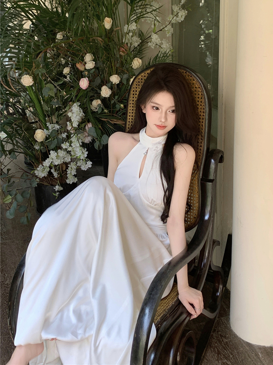 實拍復古性感花苞長裙氣質掛脖無袖連衣裙A字裙女
