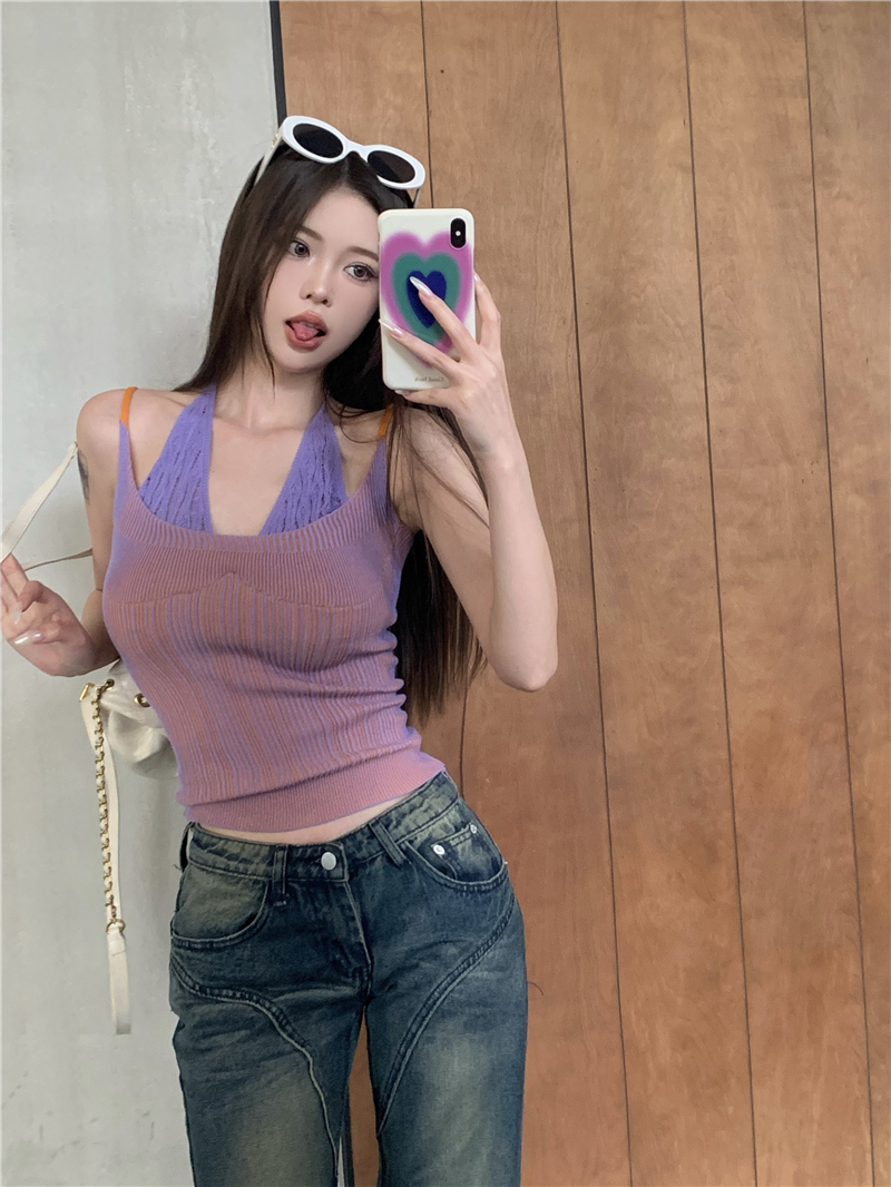 實拍  撞色拼接假兩件吊帶背心女內搭辣妹美背針織上衣