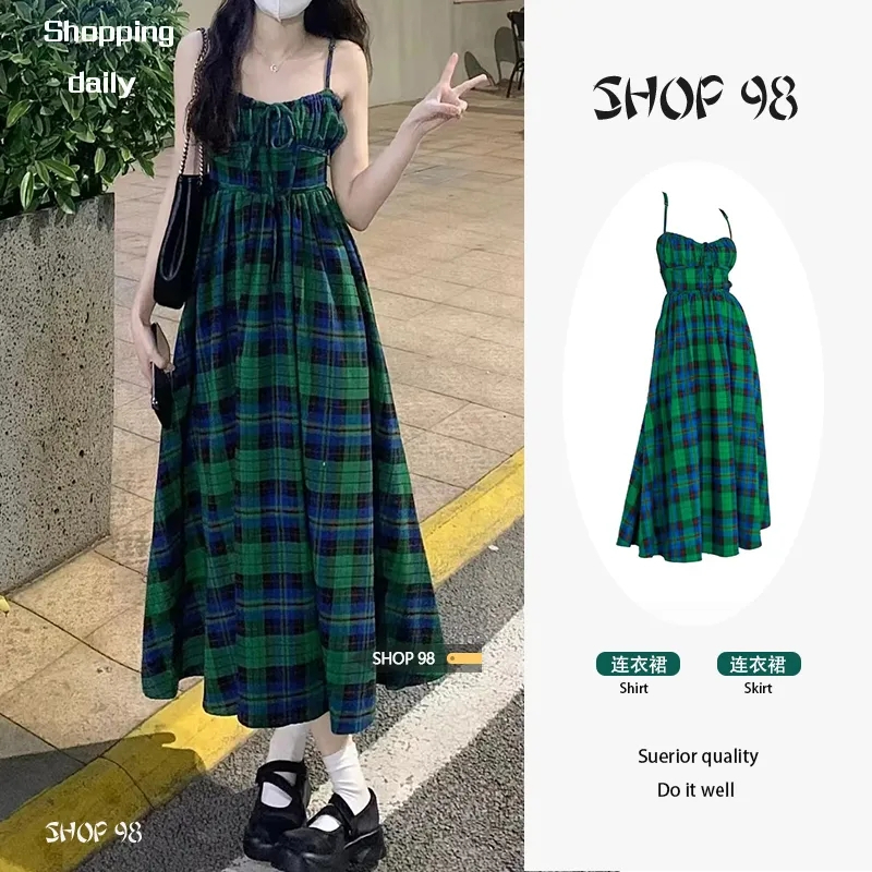 SHOP 98格子設計感吊帶連衣裙女夏季新款森系氣質高腰顯瘦長裙子