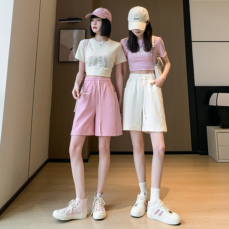 實拍 白色運動短褲女夏季薄款中褲休閒寬鬆高腰直筒闊腿五分褲
