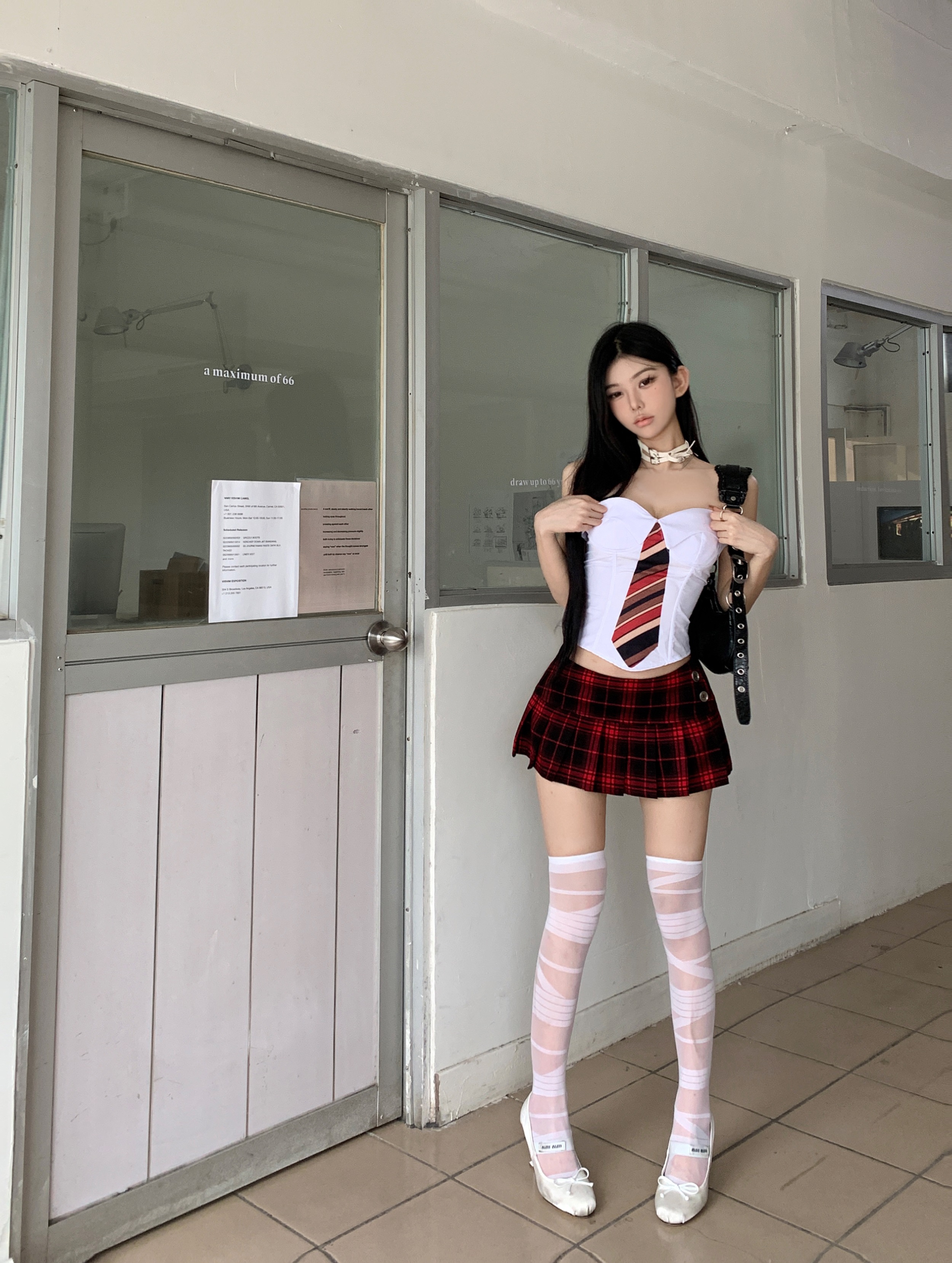 實拍 美式辣妹風領帶印花抹胸+復古JK高腰格紋超短A字百褶裙