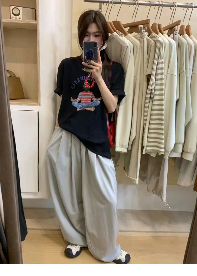 200克精梳緊密賽落紡 純棉後包條 春夏寬鬆正肩印花短袖T恤